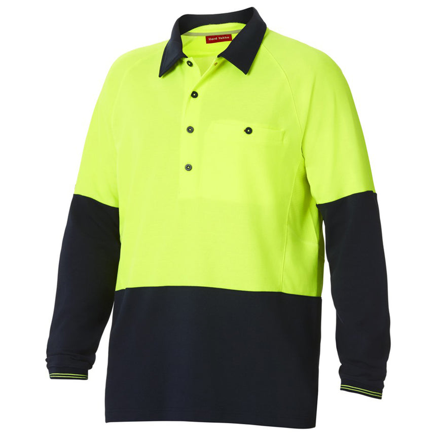 Koolgear Hi-Vis 2 Tone Vented Long Sleeve Polo Y11389 Polos Hard Yakka Lemon/Dark Navy S