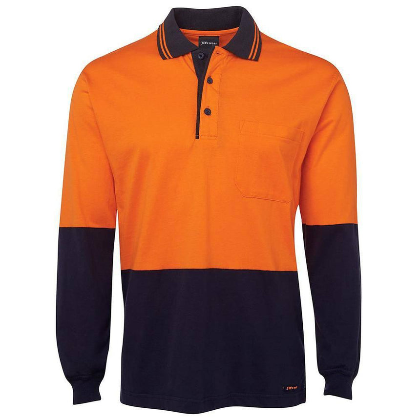 Hi Vis Long Sleeve Cotton Polo Polos JB's Wear Orange/Navy 2XS