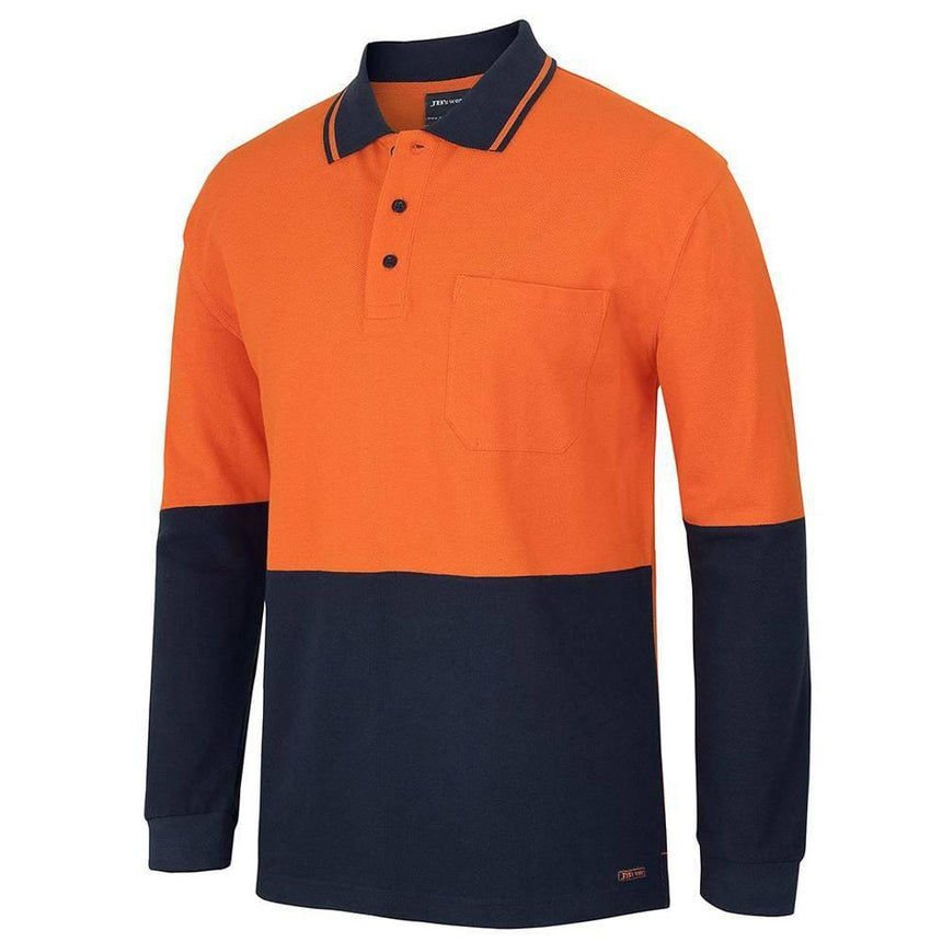 Hi Vis Long Sleeve Cotton Polo Polos JB's Wear Orange/Navy 2XS