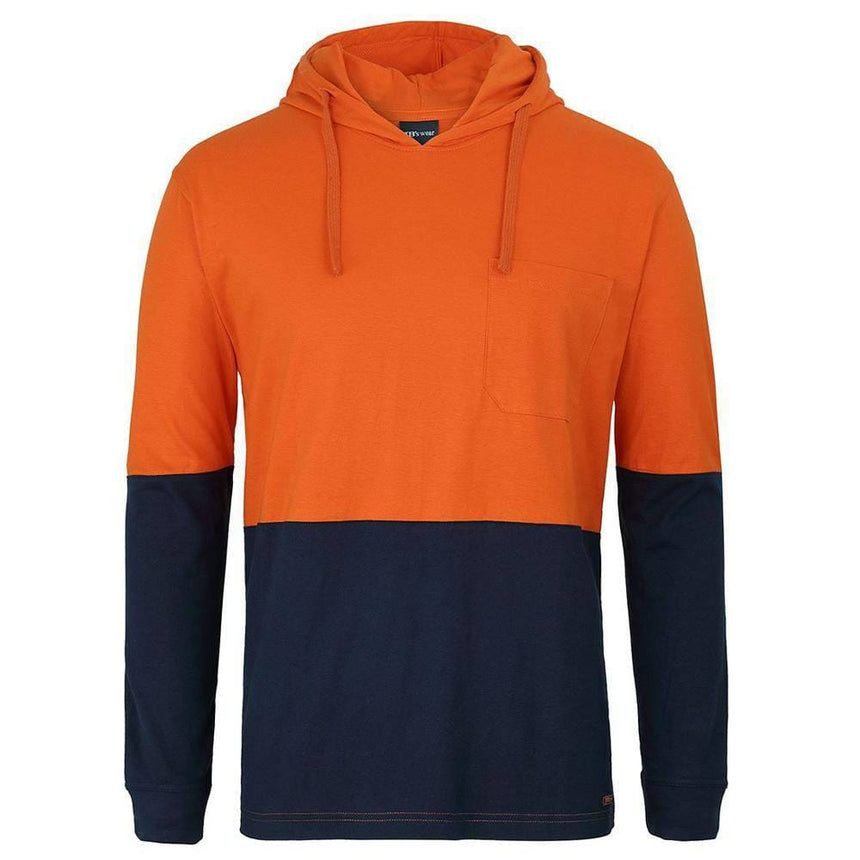 Hi Vis Long Sleeve Cotton Tee with Hood Hoodies JB's Wear Orange/Navy 2XS