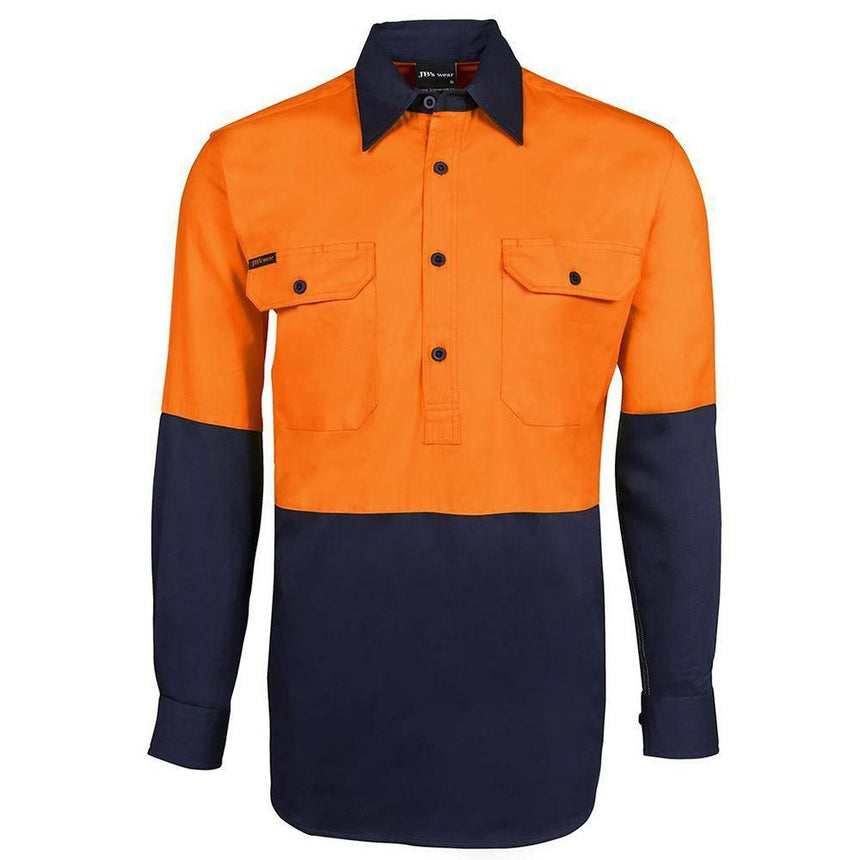 Hi Vis L/S 190G Close Front Shirt Shirts JB's Wear Orange/Navy XS