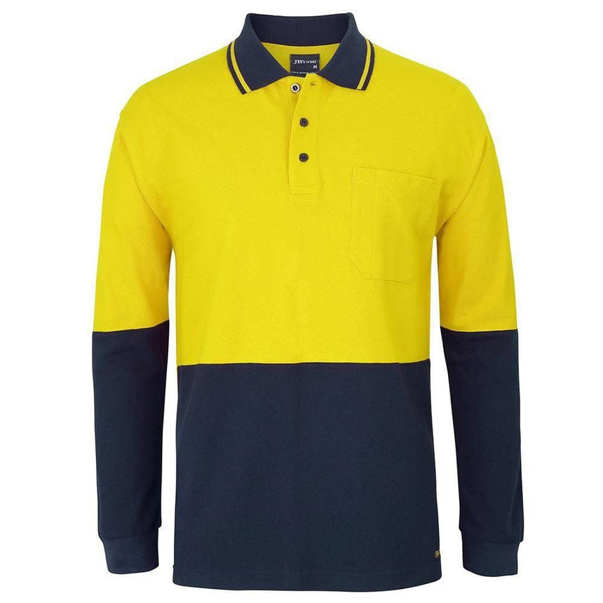 Hi Vis Long Sleeve Cotton Polo Polos JB's Wear Yellow/Navy 2XS