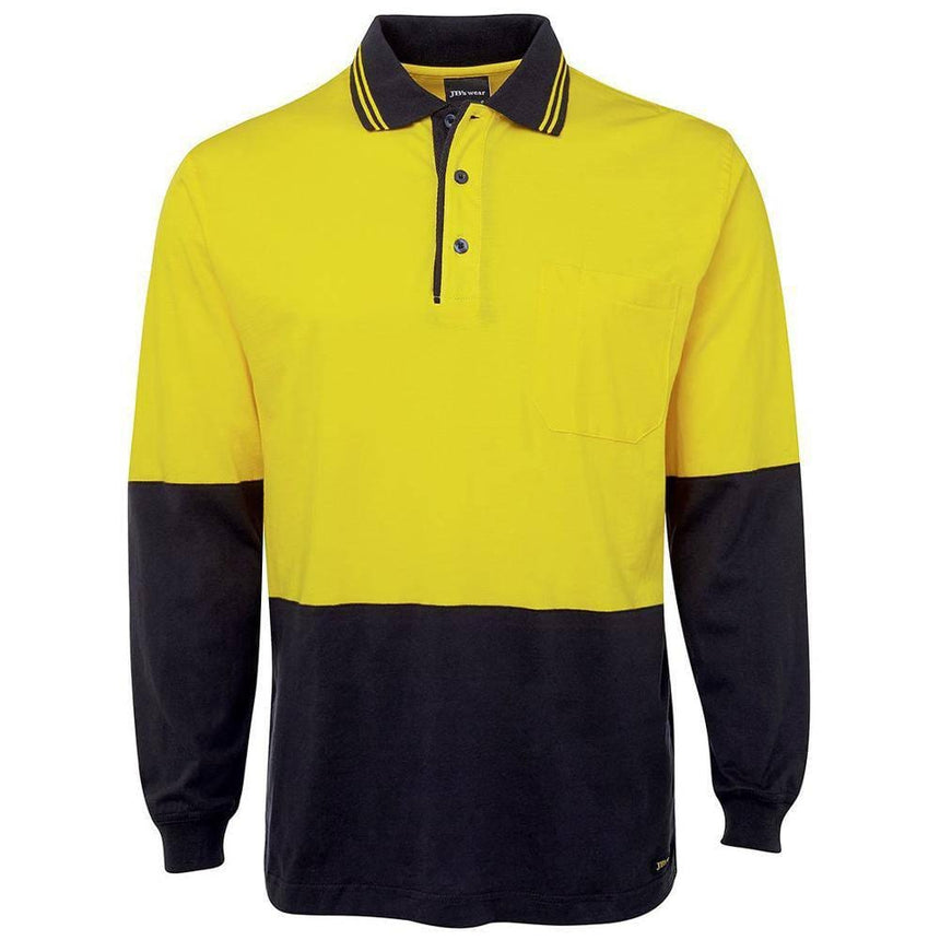 Hi Vis Long Sleeve Cotton Polo Polos JB's Wear Yellow/Navy 2XS
