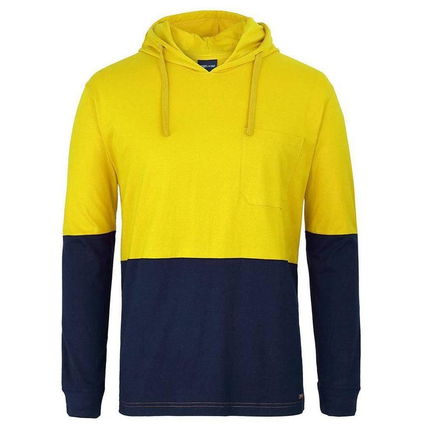 Hi Vis Long Sleeve Cotton Tee with Hood Hoodies JB's Wear Yellow/Navy 2XS