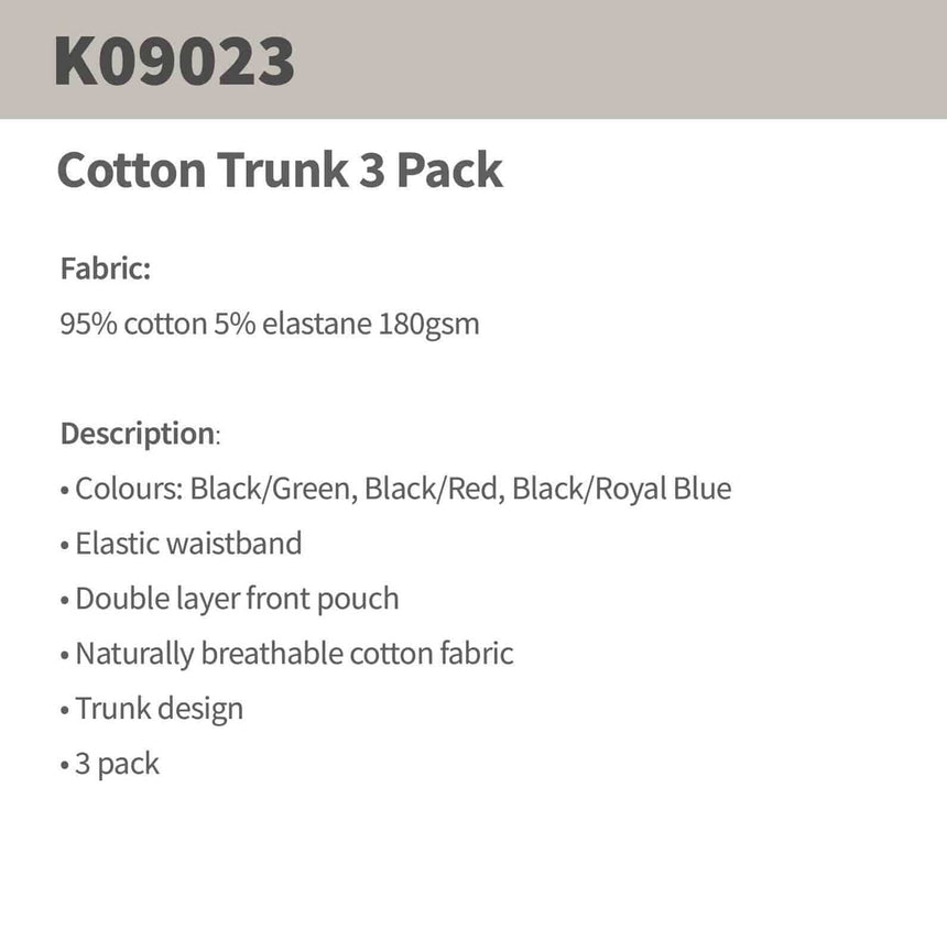 King Gee Cotton Trunk 3 Pack Black, mixcolour elastic band,K09023 Underwears KingGee