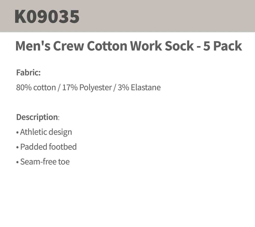 King Gee Men's Crew Cotton Work Sock - 5 Pack,K09035 Socks KingGee