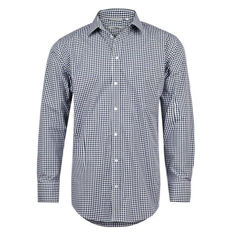 Men’s Gingham Check Long Sleeve Shirt With Roll-Up Tab Sleeve Long Sleeve Shirts Winning Spirit Navy.White XS 