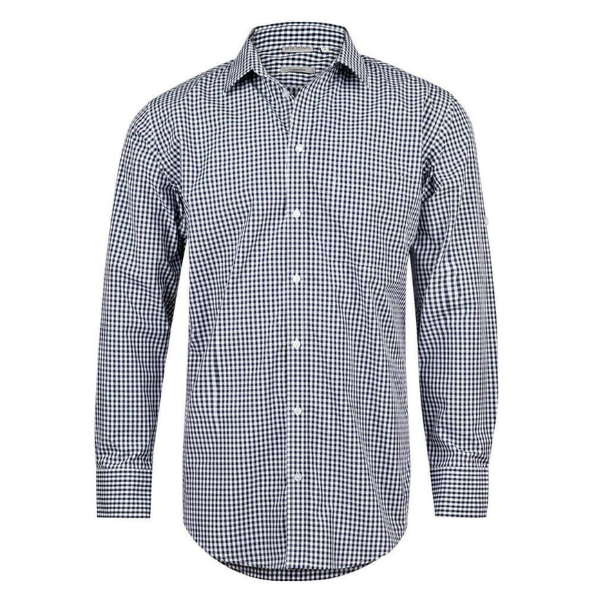M7300L Men’s Gingham Check Long Sleeve Shirt With Roll-Up Tab Sleeve Shirts Winning Spirit Navy.White XS