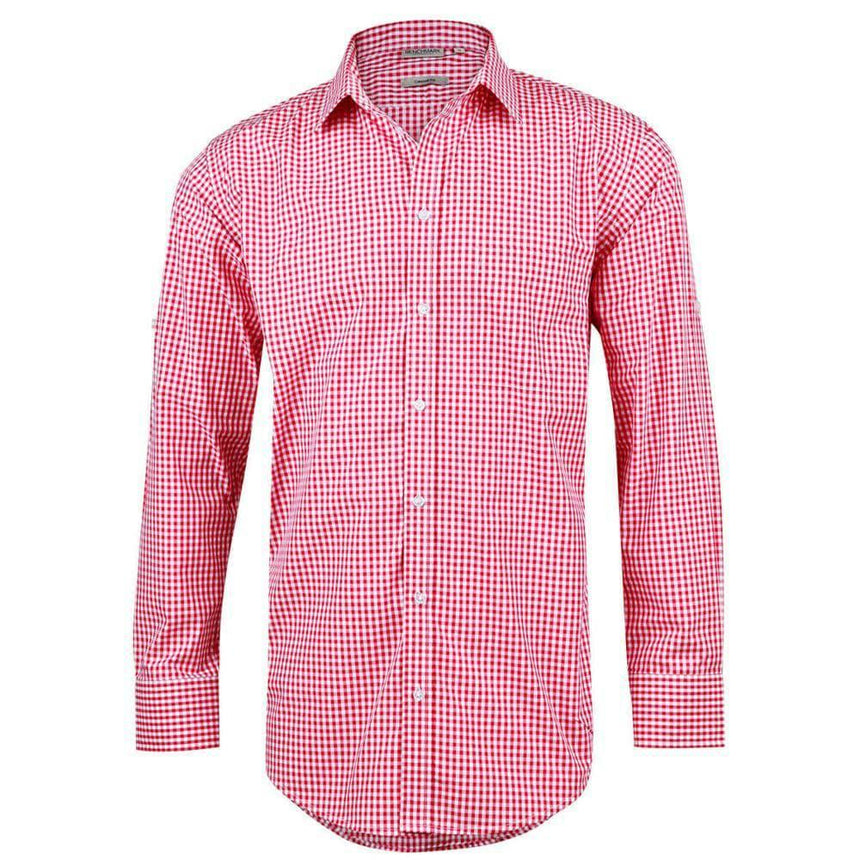 Men’s Gingham Check Long Sleeve Shirt With Roll-Up Tab Sleeve Long Sleeve Shirts Winning Spirit Red.White XS 