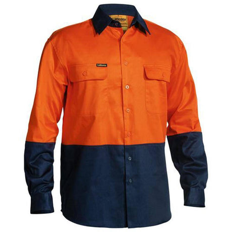 Hi Vis Drill Long Sleeve Shirt Long Sleeve Shirts Bisley Orange/Navy XS 