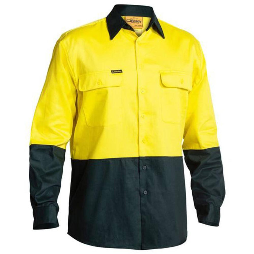 Hi Vis Drill Long Sleeve Shirt Long Sleeve Shirts Bisley Yellow/Bottle XS 