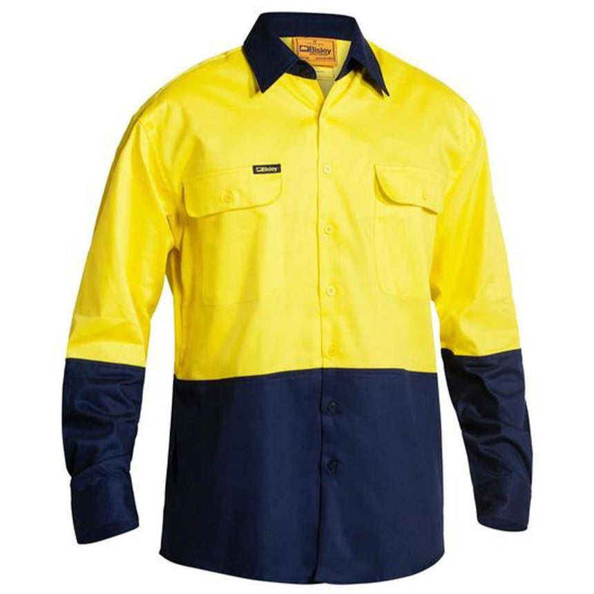 Hi Vis Drill Long Sleeve Shirt Long Sleeve Shirts Bisley Yellow/Navy XS 