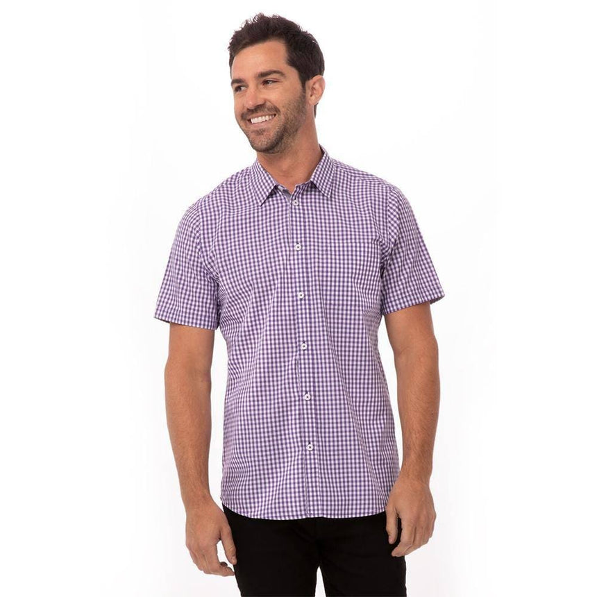 Modern Gingham Short Sleeve Dress Shirt Chef Shirts Chef Works S Purple 