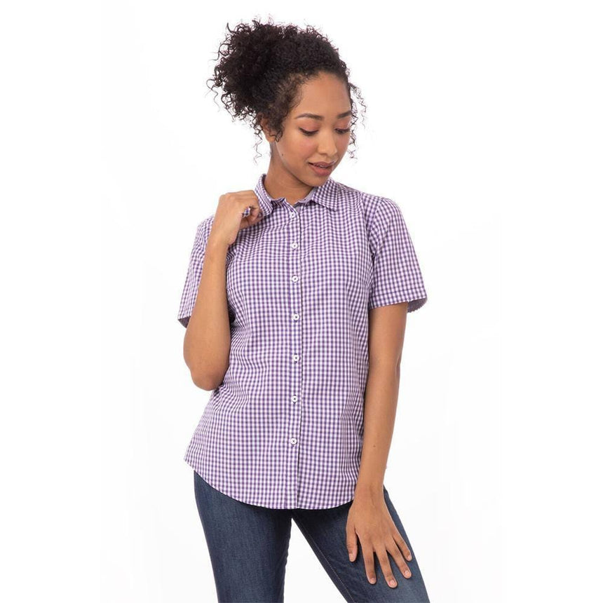 Modern Gingham Short Sleeve Dress Shirt Chef Shirts Chef Works XS Purple 