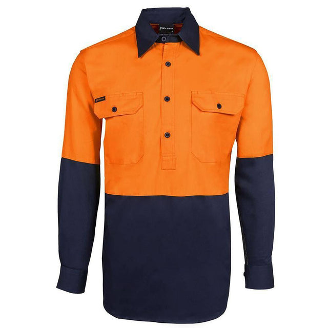Hi Vis L/S 190G Close Front Shirt Long Sleeve Shirts JB's Wear Orange/Navy XS 