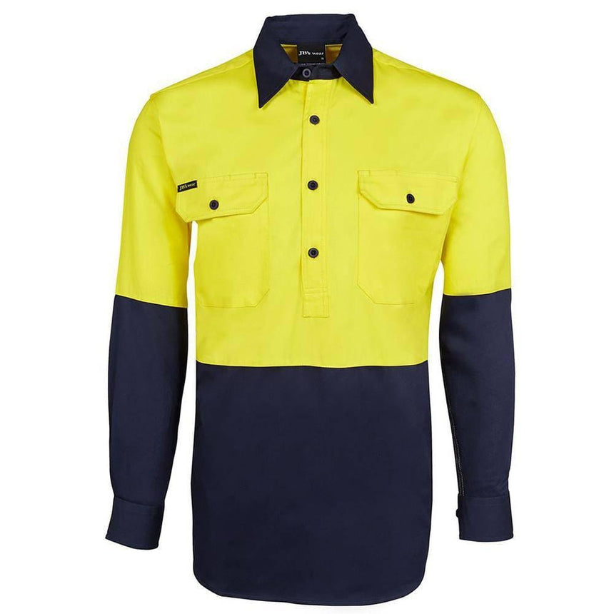 Hi Vis L/S 190G Close Front Shirt Long Sleeve Shirts JB's Wear Yellow/Navy XS 