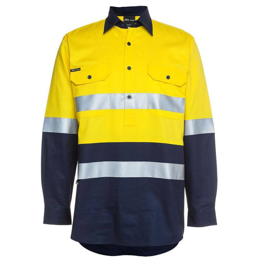 Hi Vis L/S (D+N) 190G Close Front Shirt Long Sleeve Shirts JB's Wear Yellow/Navy XS 