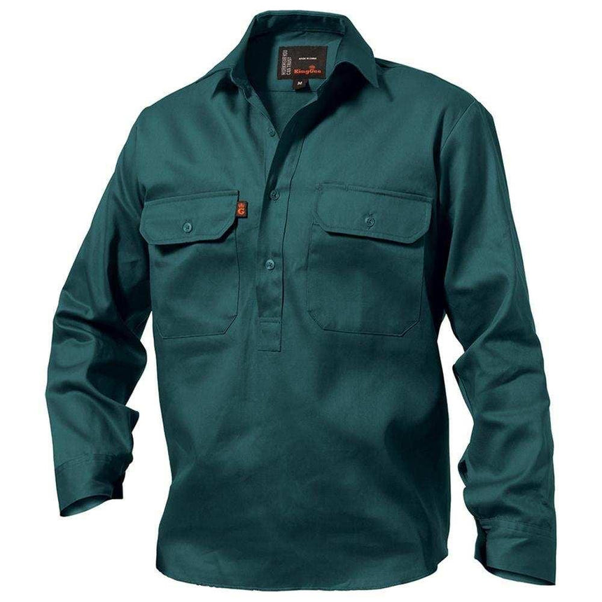 Closed Front Drill Shirt Long Sleeve Shirts KingGee S/36 Green 