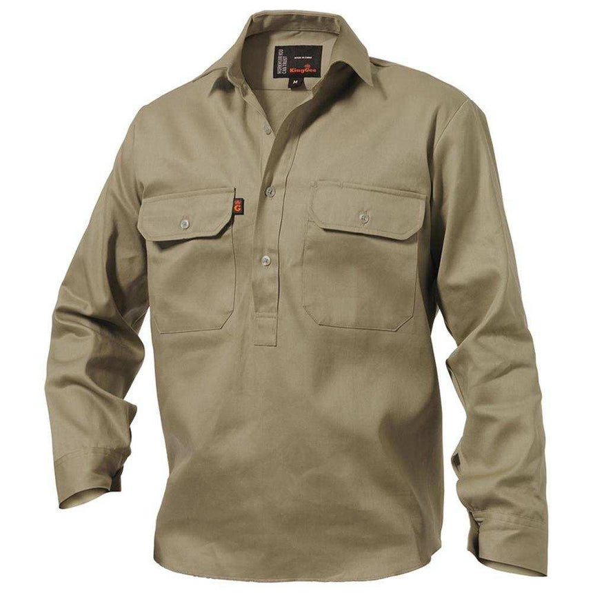 Closed Front Drill Shirt Long Sleeve Shirts KingGee S/36 Khaki 