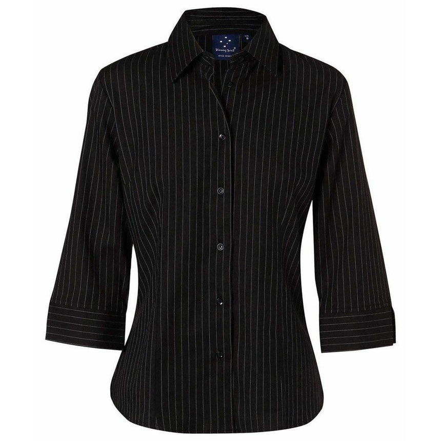 Pin Stripe Ladies Long Sleeve Shirts Winning Spirit Black.White 6 