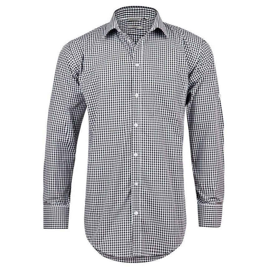 M7300L Men’s Gingham Check Long Sleeve Shirt With Roll-Up Tab Sleeve Long Sleeve Shirts Winning Spirit Black.White XS 