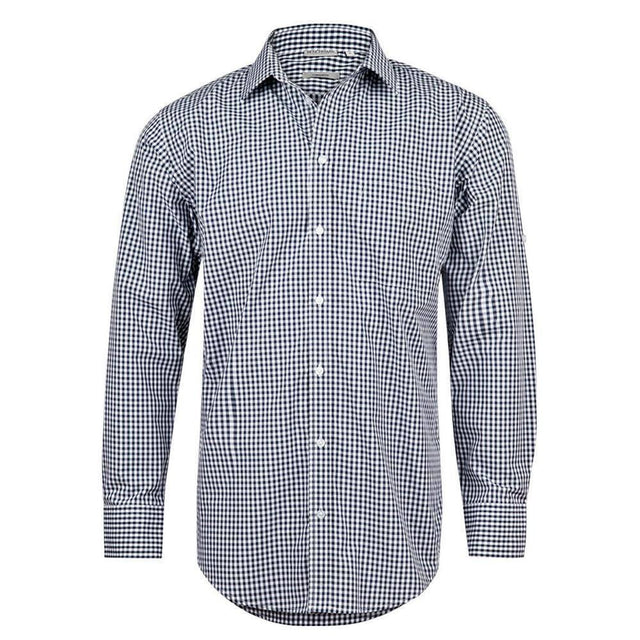 M7300L Men’s Gingham Check Long Sleeve Shirt With Roll-Up Tab Sleeve Long Sleeve Shirts Winning Spirit Navy.White XS 